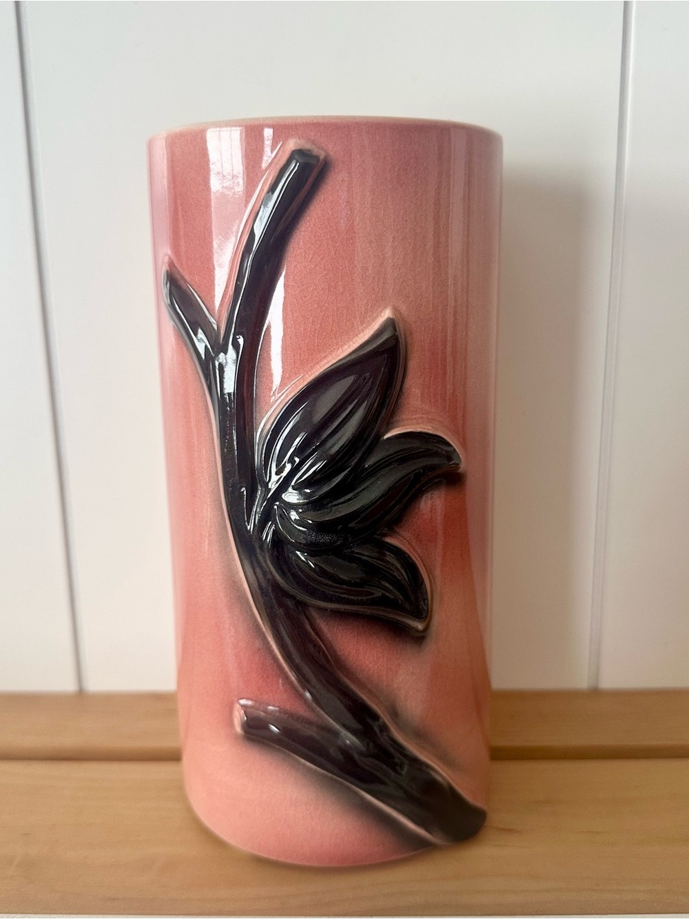 Vintage 1950’s Royal Copley vase/ planter-  salmon pink with black branch-8”tall